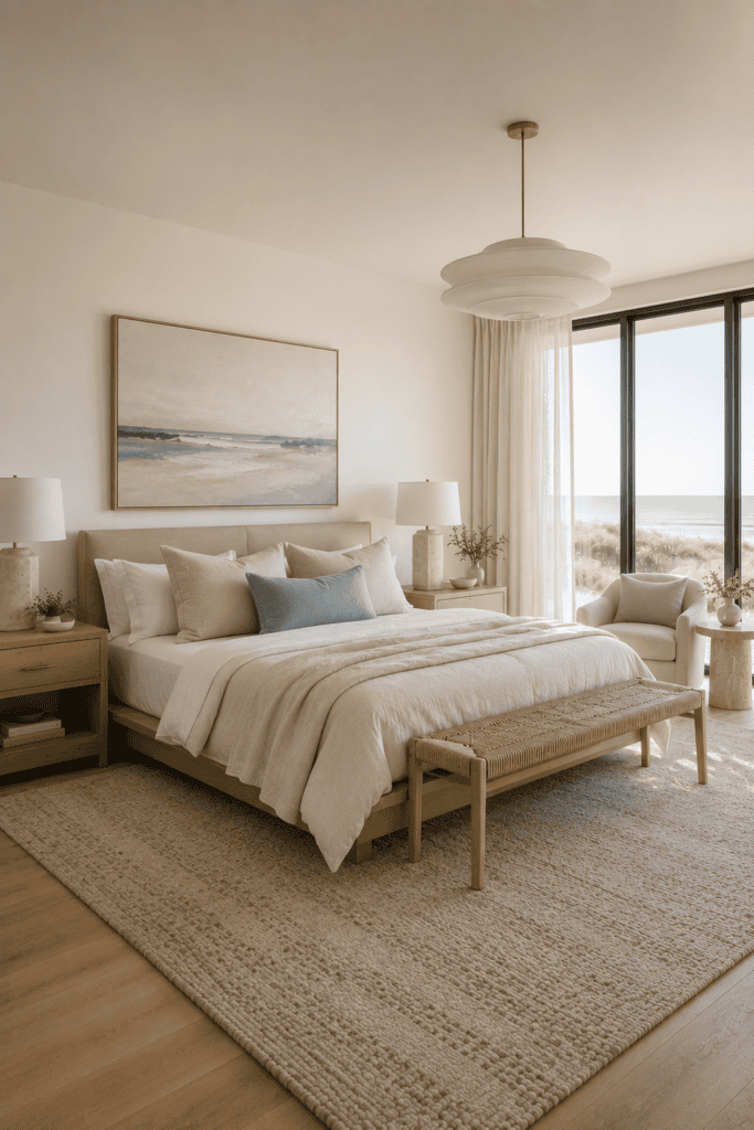Contemporary coastal bedroom with minimalist oak furniture and neutral decor.