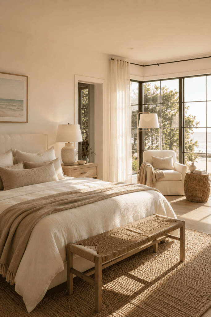 Coastal bedroom with a cozy reading nook, linen armchair, and warm natural sunlight.