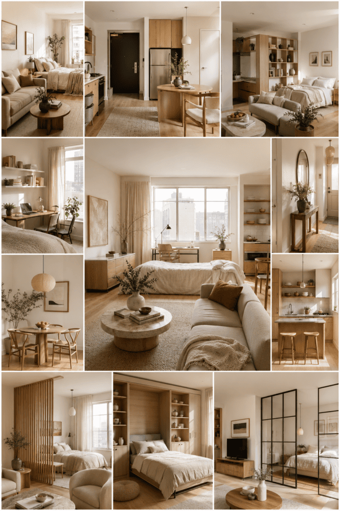 Collage featuring stylish studio apartment ideas with multifunctional furniture, light oak finishes, and bright modern interiors.