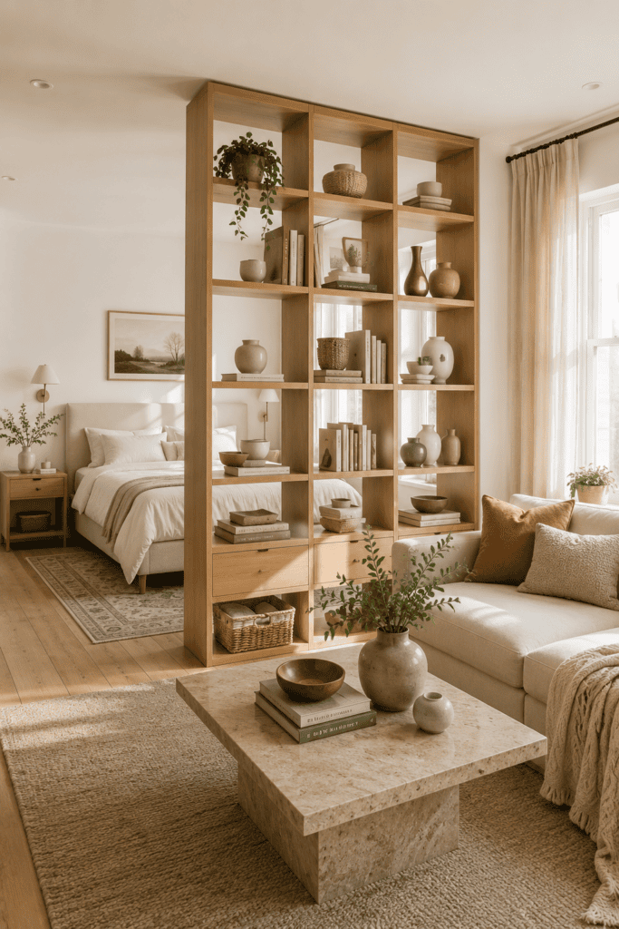 Studio apartment using an open bookshelf to divide the living and sleeping areas.