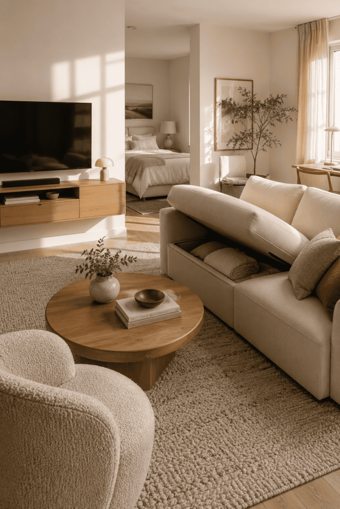 Modern studio apartment with a hidden storage sofa and neutral living room decor.