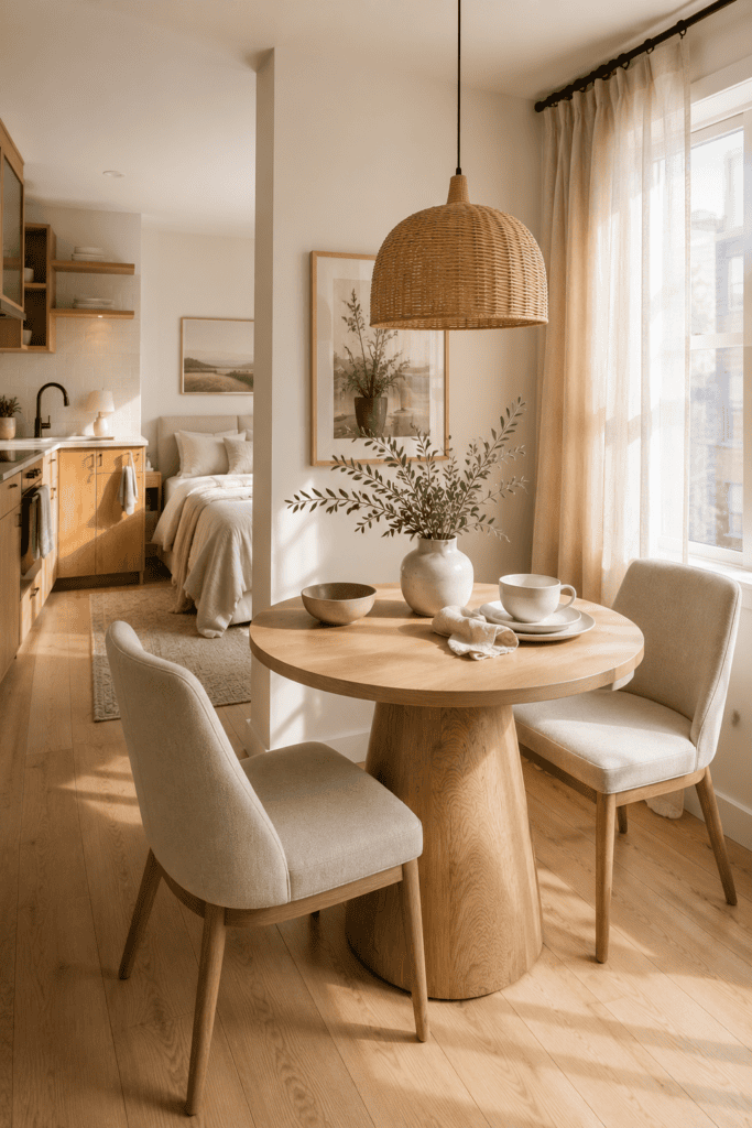 Small studio apartment dining nook with a round oak table and cozy seating.