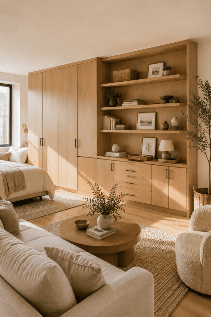Studio apartment with floor-to-ceiling storage and floating oak shelves.