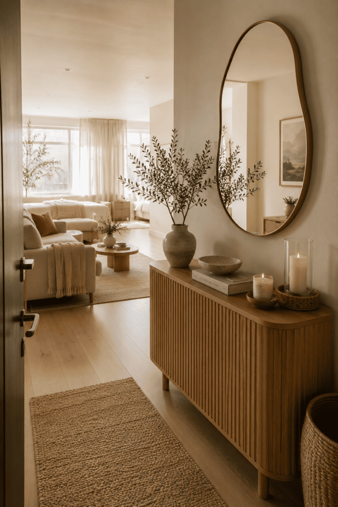 Studio apartment entryway with a fluted storage cabinet and organic mirror.