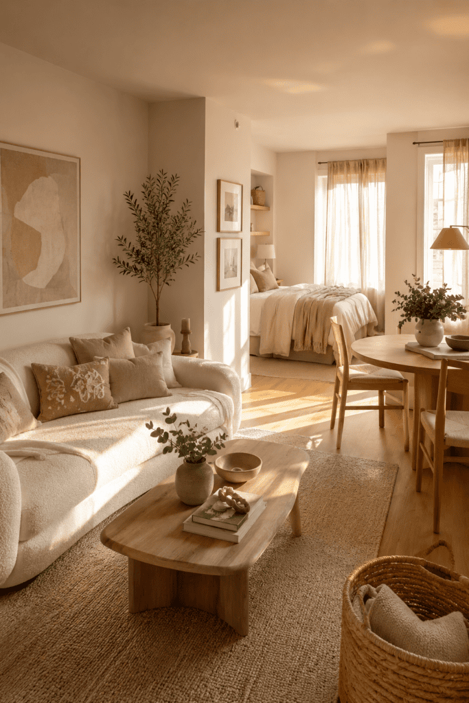 Warm neutral studio apartment with layered textures, boucle furniture, and light oak finishes.