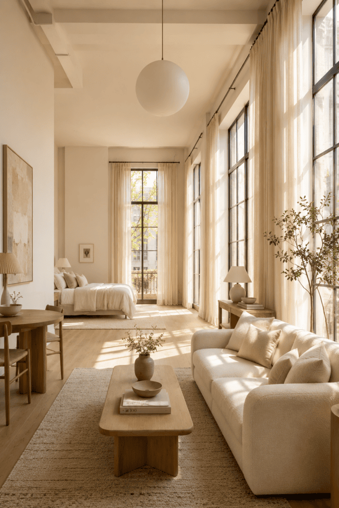 Studio apartment with floor-to-ceiling linen curtains creating a taller and brighter space.