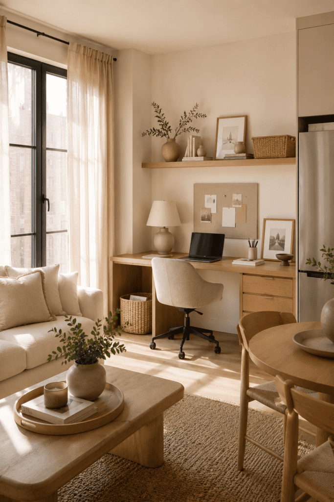 Compact studio apartment home office with a white oak desk and minimalist styling.