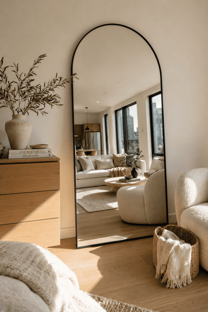 Modern studio apartment featuring a large arched mirror that reflects natural light and makes the space feel larger.