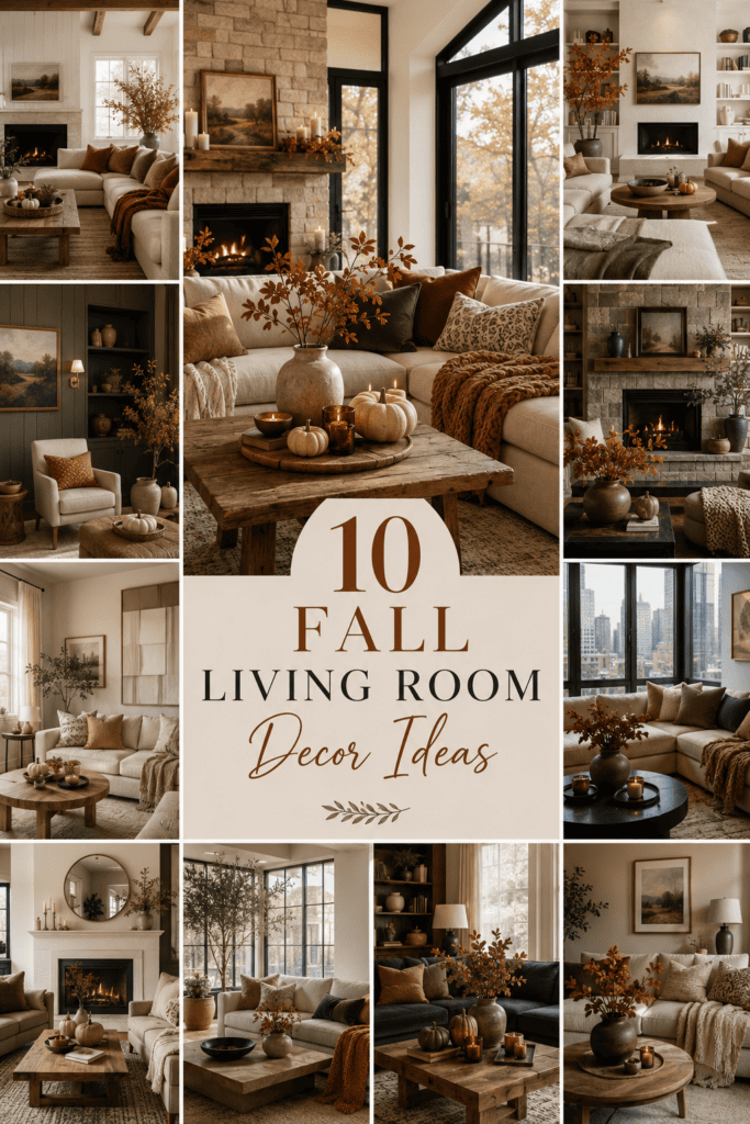 Editorial collage featuring elegant fall living room decor ideas with cozy textiles, warm wood furniture, and seasonal autumn styling.
