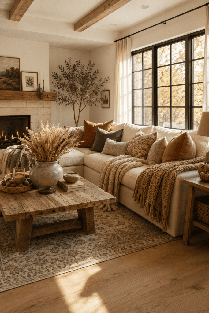 Cozy fall living room with chunky knit blankets layered on a cream sectional sofa.