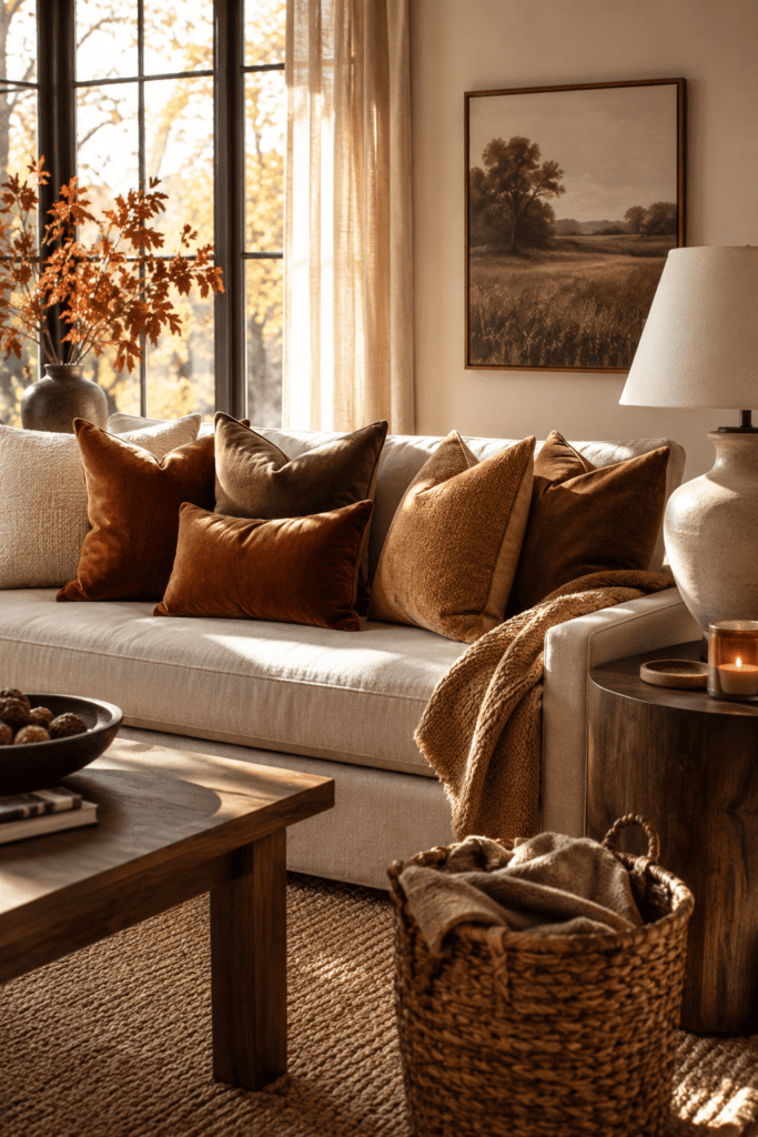 Neutral living room with layered autumn throw pillows in warm earthy colors.
