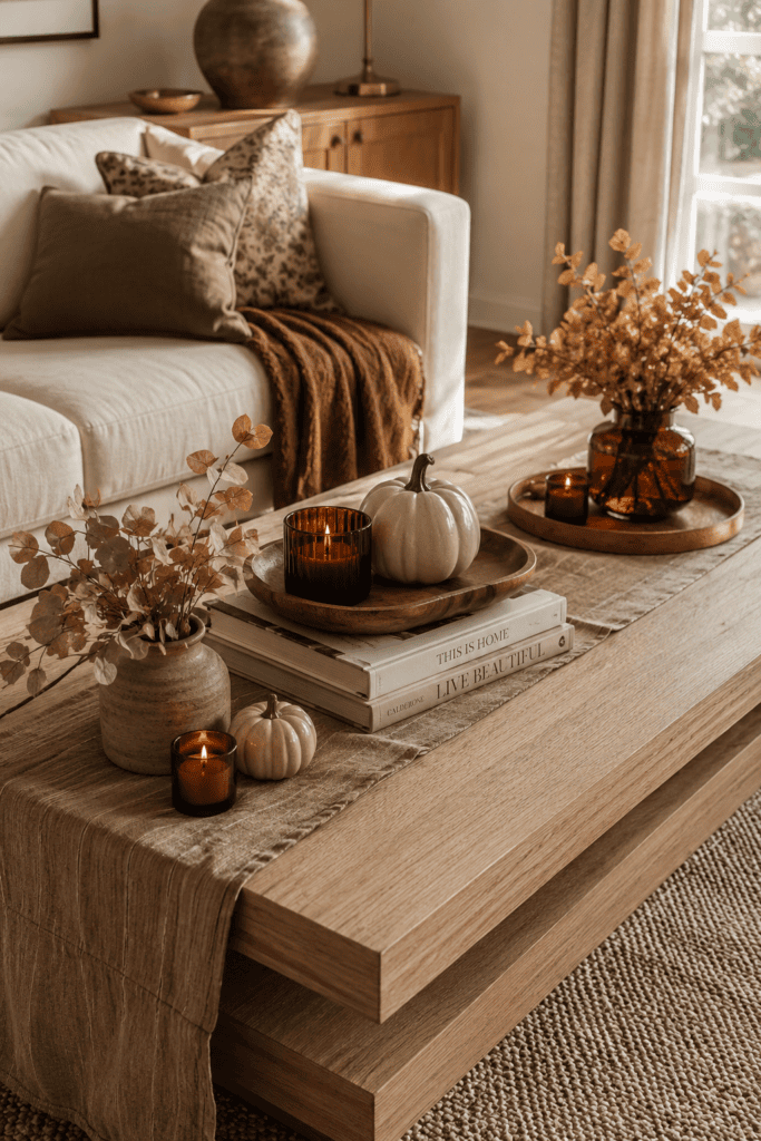 Modern fall coffee table styled with ceramic pumpkins, candles, and autumn décor.