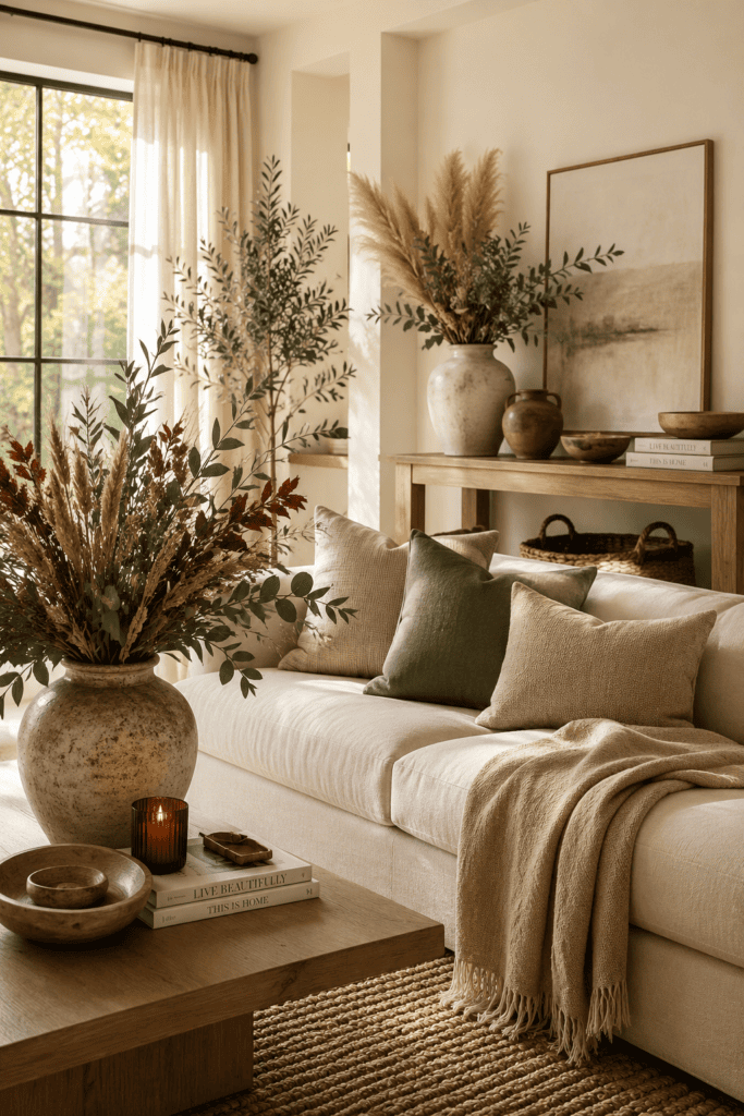 Elegant fall living room decorated with dried greenery and ceramic vases.