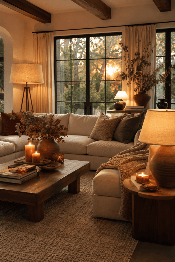 Cozy fall living room with warm ambient lighting, candles, and layered neutral decor.