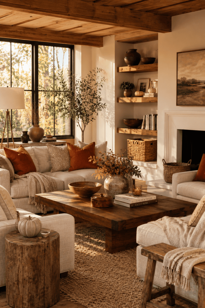 Elegant fall living room with walnut furniture and warm natural wood accents.