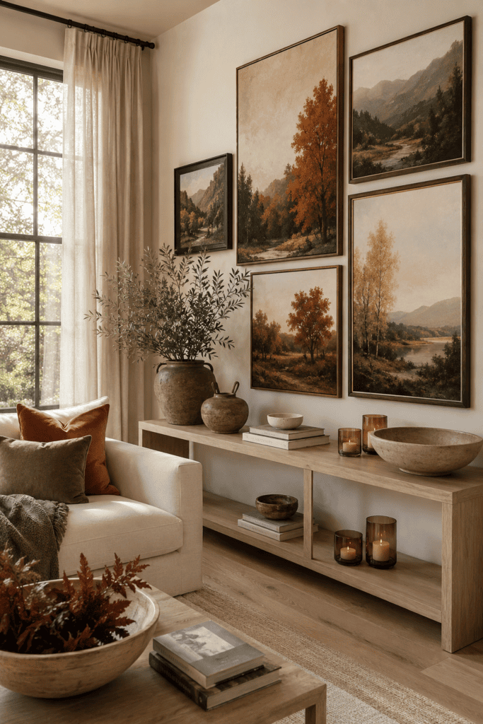 Modern fall living room featuring layered autumn landscape artwork and warm neutral styling.