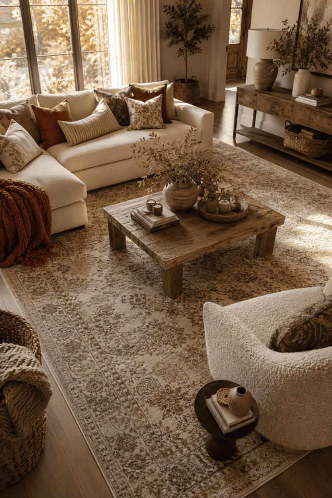Fall living room with a textured wool rug, cream sectional, and warm autumn accents.
