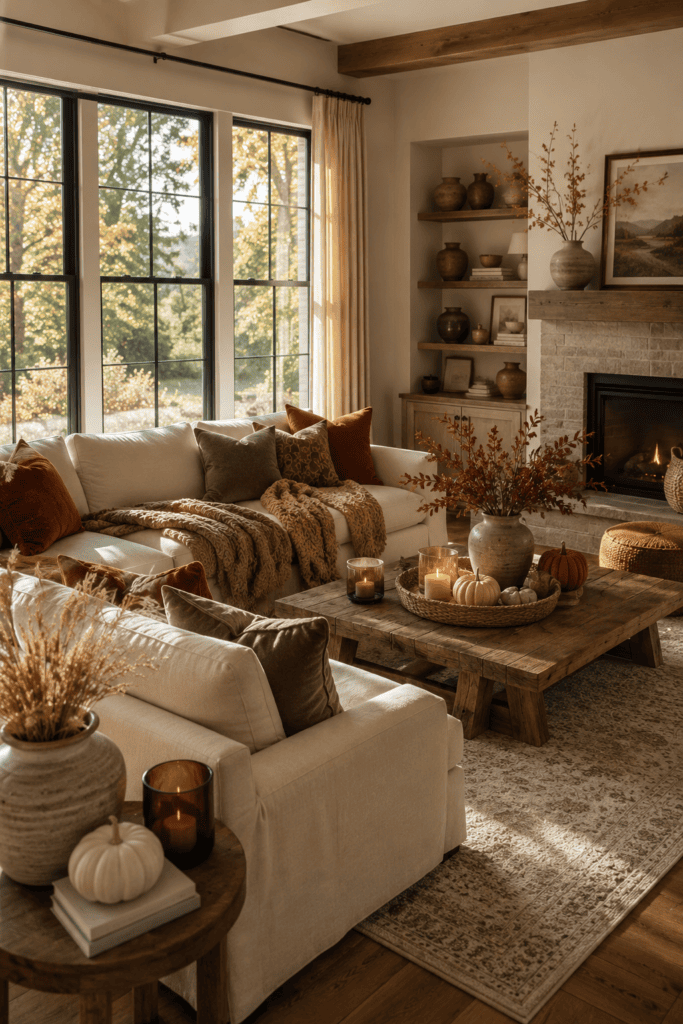 Elegant fall living room with cozy autumn accents, ceramic pumpkins, warm textiles, and natural seasonal decor.
