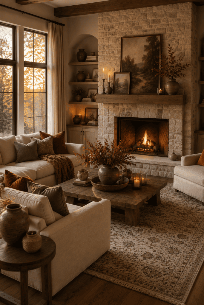 Elegant stone fireplace decorated with warm autumn-inspired mantel styling.