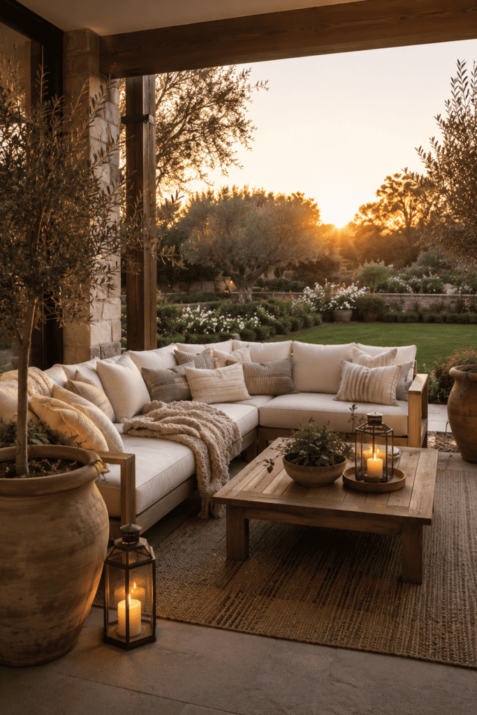 Luxury backyard patio styled as a comfortable outdoor living room with neutral furniture.