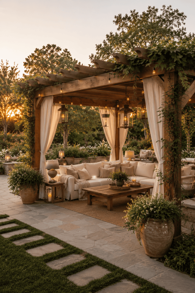 Elegant cedar pergola creating shade over a luxury backyard patio.