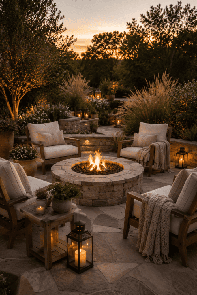 Modern backyard patio with a stone fire pit and cozy outdoor seating.