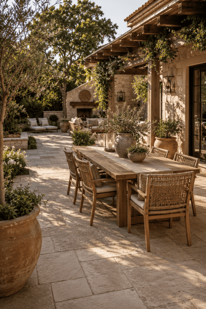 Luxury backyard patio featuring limestone flooring and warm teak furniture.