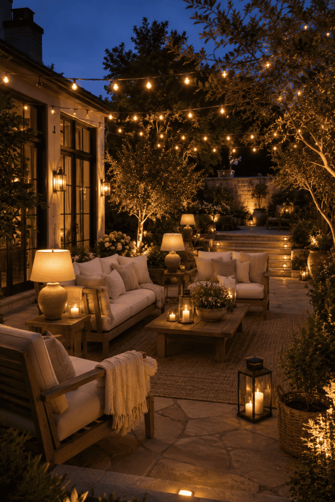 Elegant backyard patio illuminated with layered outdoor lighting and cozy evening ambiance.
