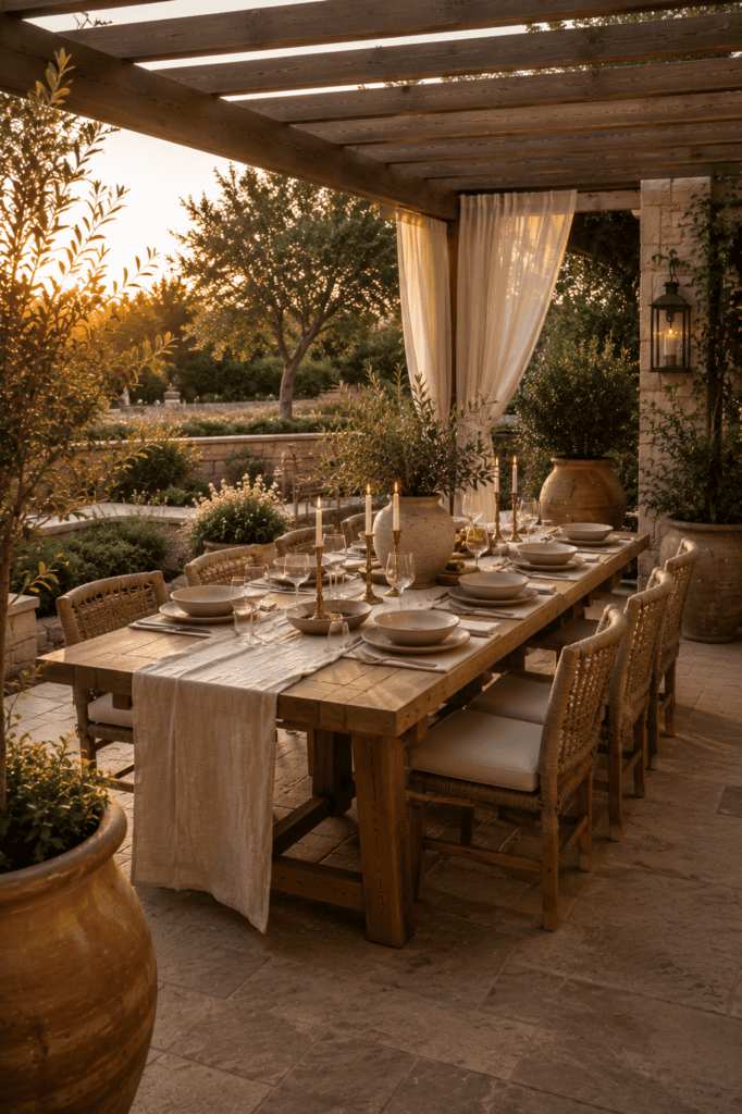Luxury backyard patio featuring a teak outdoor dining table with elegant neutral styling.
