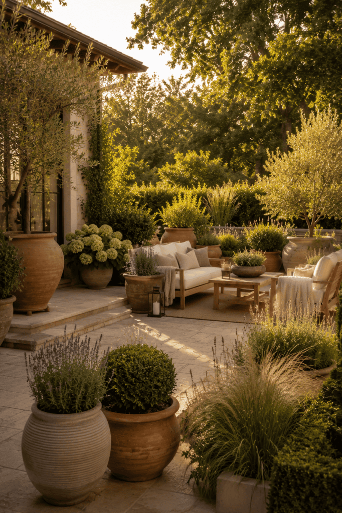 Elegant backyard patio surrounded by oversized planters and lush landscaping.
