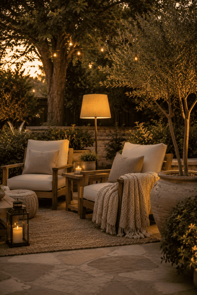 Cozy backyard patio lounge with comfortable chairs, warm lighting, and natural wood accents.