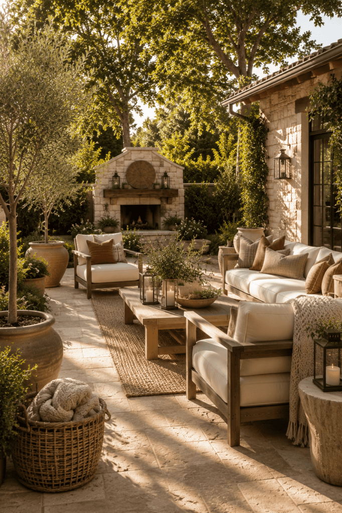 Neutral backyard patio with timeless outdoor furniture and elegant seasonal accents.