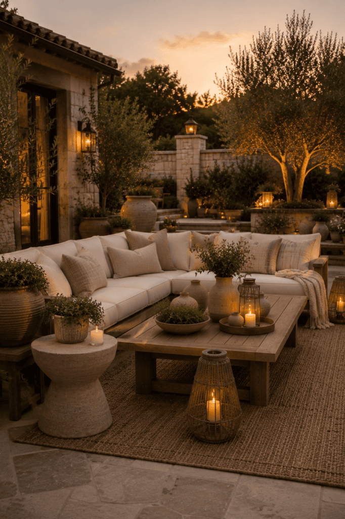 Designer backyard patio styled with premium outdoor accessories, natural materials, and warm evening lighting.