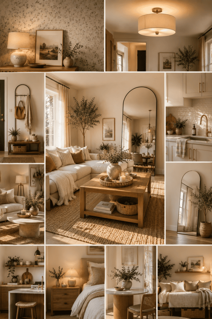 Editorial collage featuring stylish renter-friendly apartment upgrades with modern furniture, removable decor, and cozy neutral interiors.