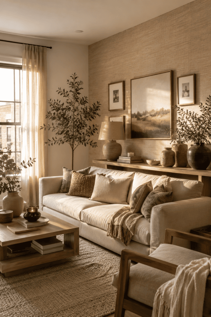 Modern apartment featuring a renter-friendly peel-and-stick wallpaper accent wall.
