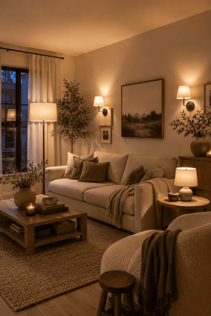 Apartment living room featuring layered renter-friendly lighting and warm neutral decor.