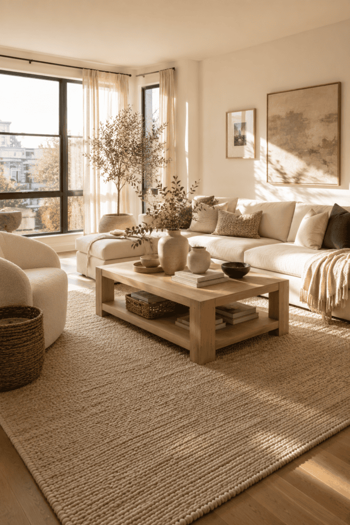 Modern apartment with a large neutral area rug creating a cozy living space.
