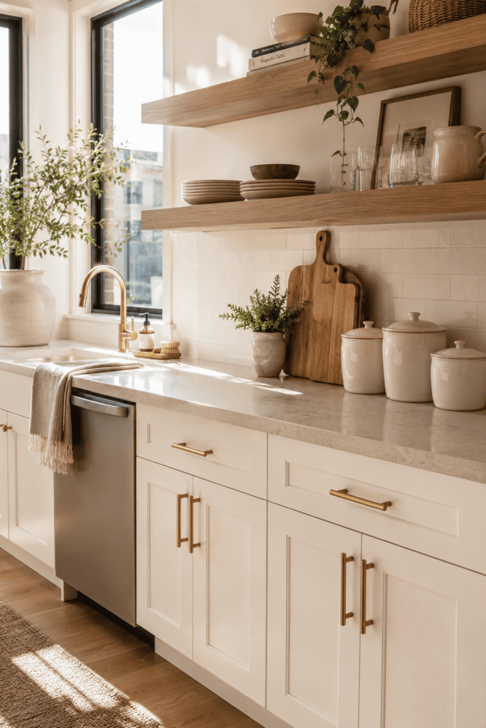 Apartment kitchen refreshed with modern brass cabinet hardware and neutral styling.