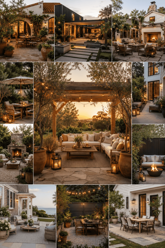 Editorial collage featuring elegant backyard patio designs with pergolas, outdoor seating, warm lighting, and luxury landscaping.