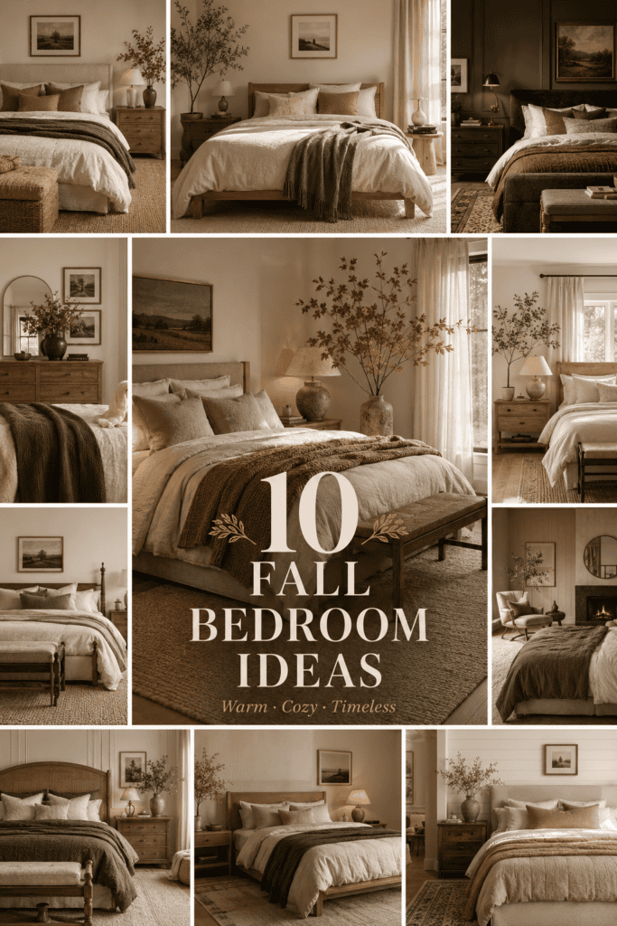 Editorial collage featuring elegant fall bedroom decor ideas with layered bedding, warm textures, natural wood, and cozy autumn lighting.