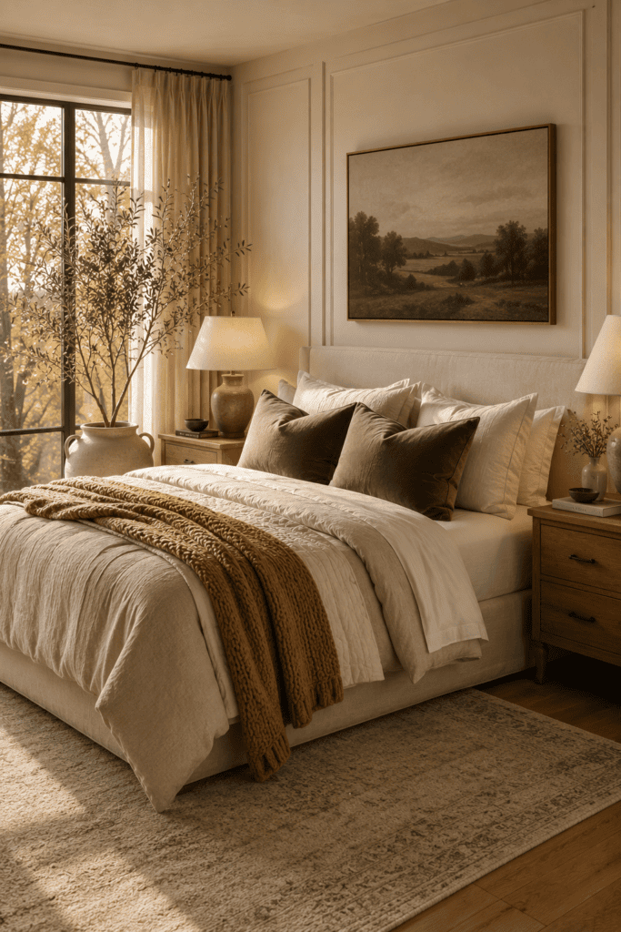 Luxury bedroom with layered linen bedding and warm knit throws creating a timeless fall atmosphere.