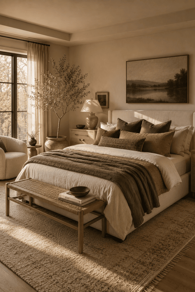 Modern bedroom decorated with sophisticated earth tones for an elegant autumn look.