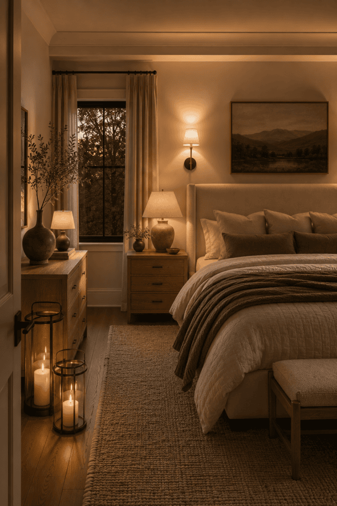 Warm bedroom featuring layered lighting with ceramic lamps and cozy evening ambiance.