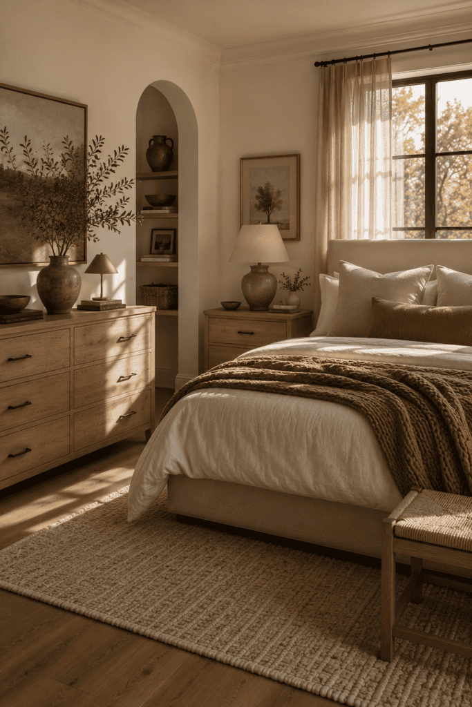 Elegant bedroom styled with white oak furniture, handmade ceramics, and timeless natural materials.