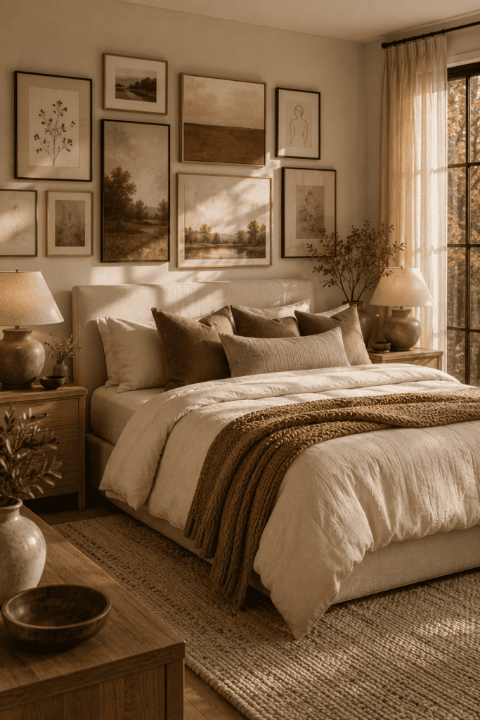 Luxury bedroom featuring warm landscape artwork and neutral gallery wall styling for elegant fall decor.