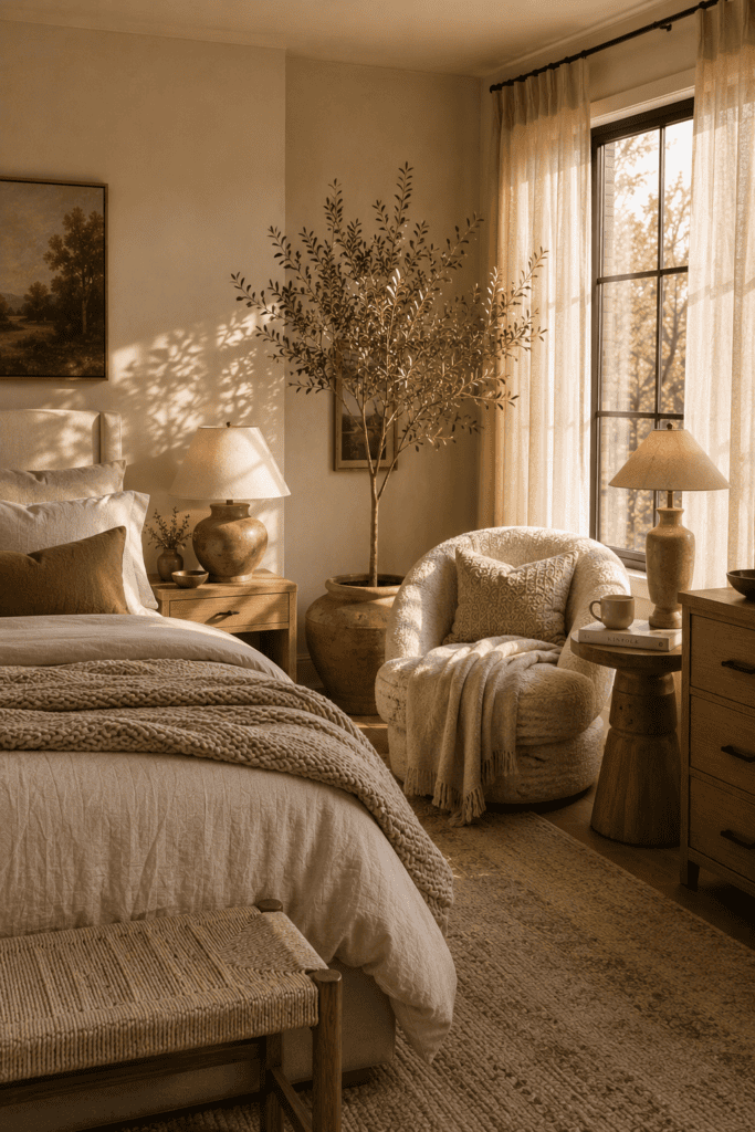 Elegant bedroom reading corner with a boucle chair, oak side table, knit blanket, and warm natural light.