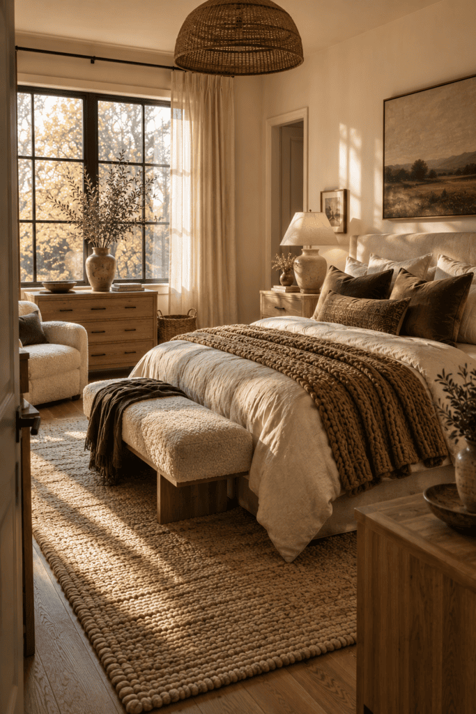 Modern fall bedroom featuring layered textures including linen, velvet, wool, and bouclé.
