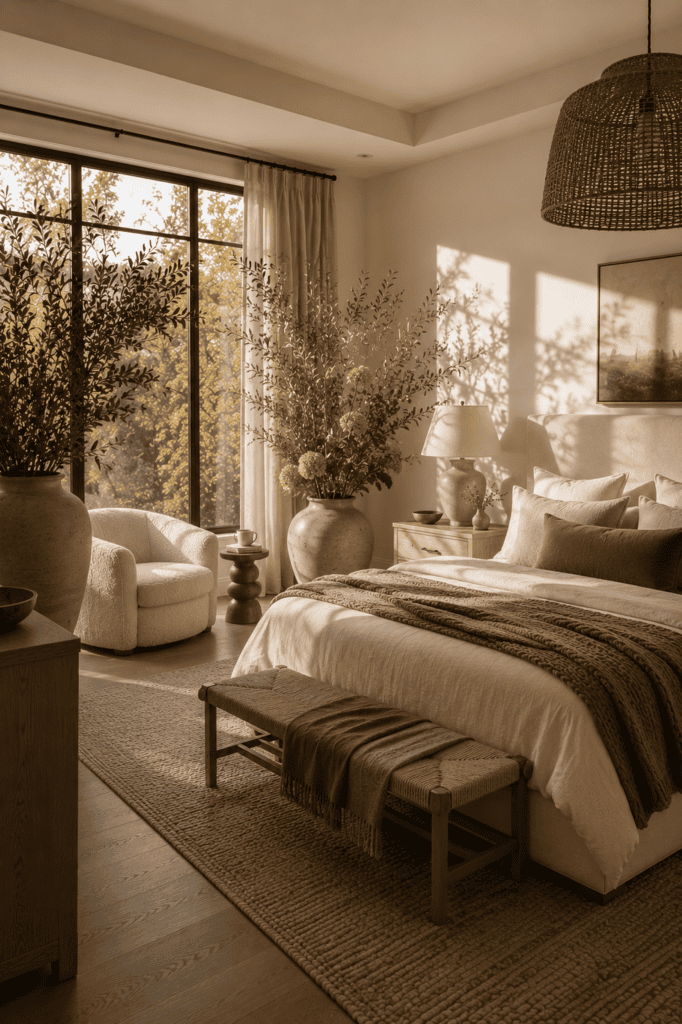 Elegant bedroom featuring olive branches and preserved greenery for refined fall styling.