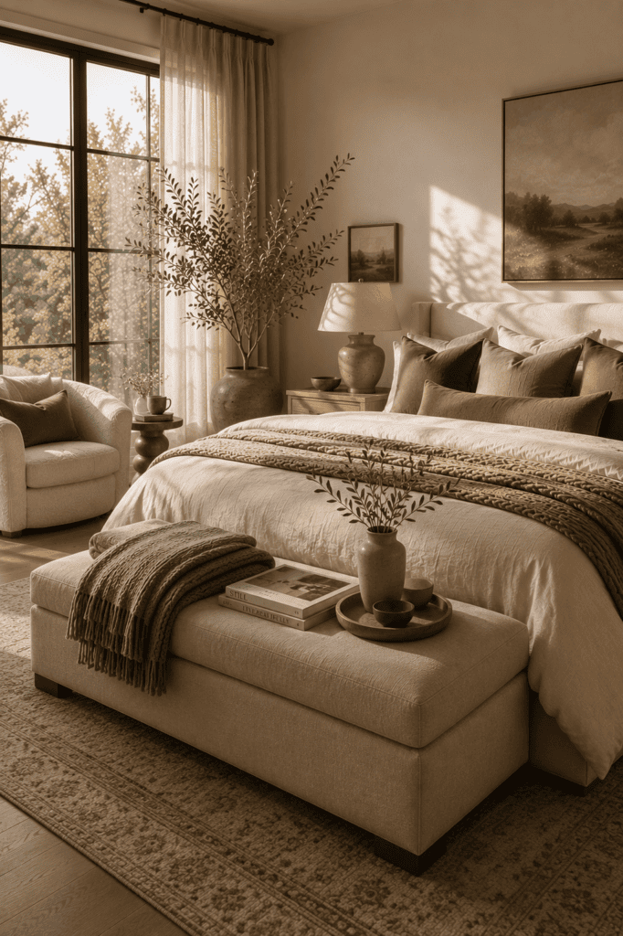 Luxury bedroom with an upholstered bench styled with knit throws, books, and natural decor.