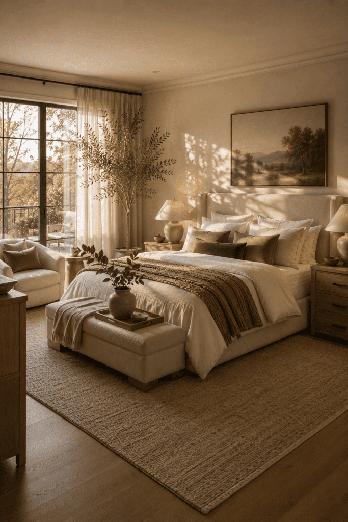 Luxury hotel-inspired fall bedroom with layered linen bedding, warm lighting, handcrafted decor, and timeless neutral styling.